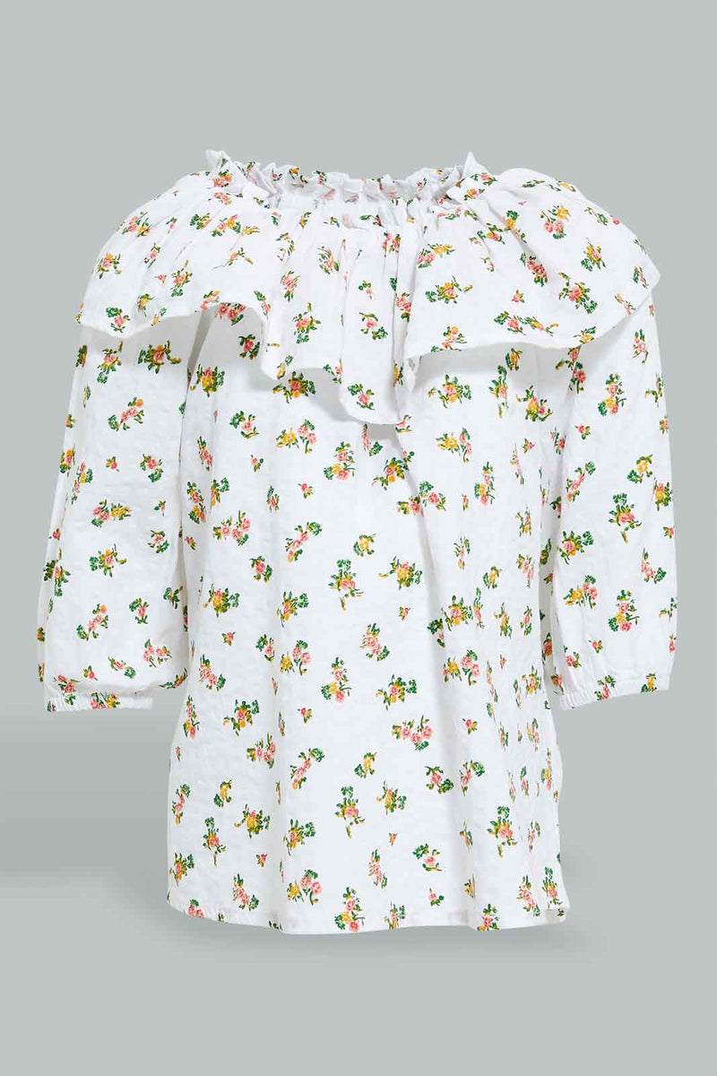 White Floral Blouse For Baby Girls بلوزة بطبعة أزهار باللون الأبيض للبنات الرضع