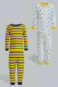 Yellow And White Striped Printed Pyjama Set (Pack of 2) طقم بيجامة مخطط بطبعة باللون الأصفر والأبيض (طقمين)