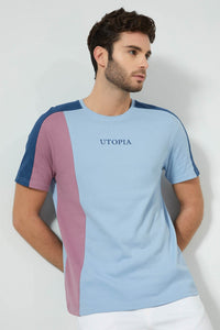 Blue Cut And Sew Panel T-Shirt تيشيرت أزرق بنسيج متداخل