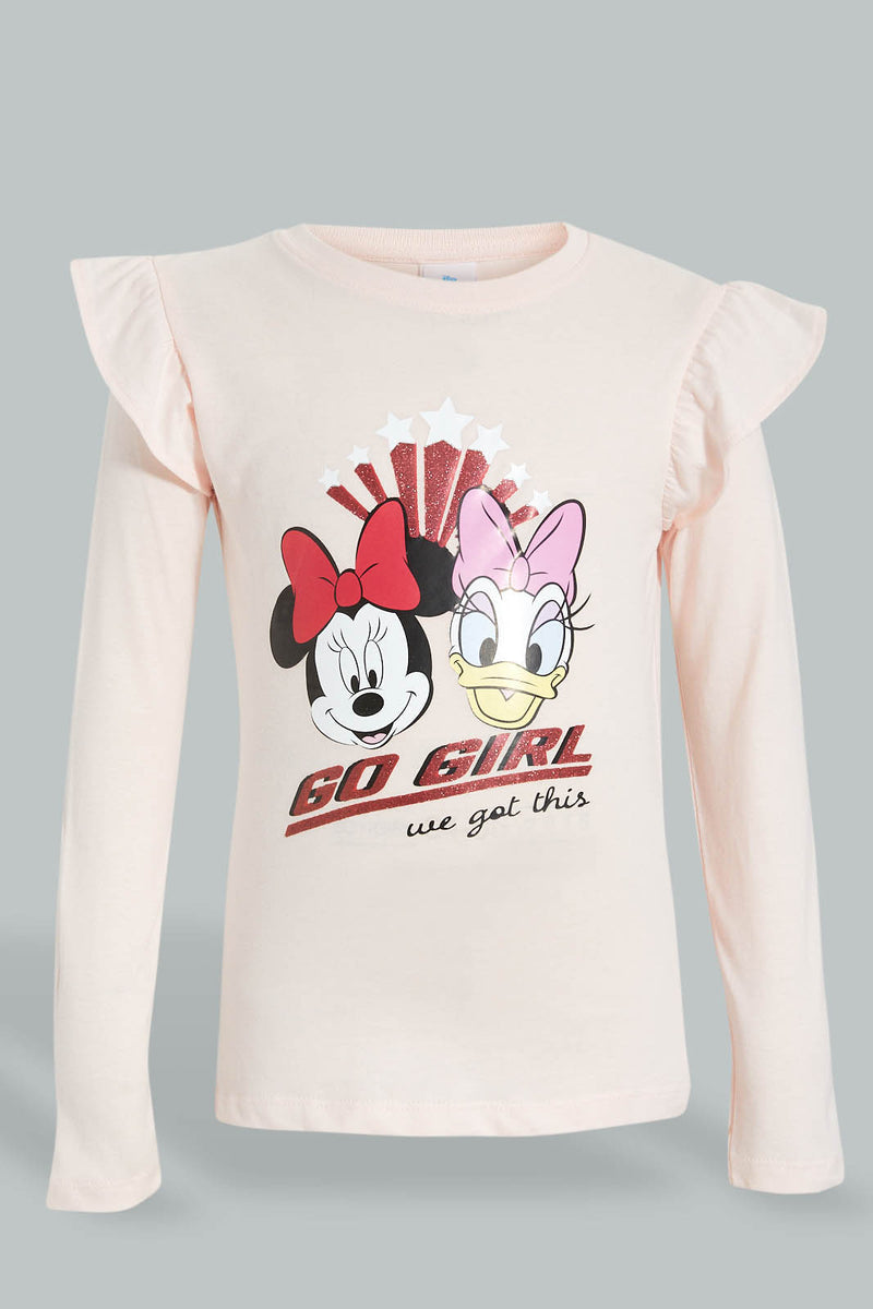 Pink Minnie And Daisy T-Shirt With Frill Sleeves تيشيرت ميني وماري بلون وردي وأكمام طوسلة مكشكشة