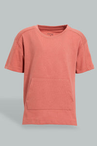 Coral Kangaroo Pocket T-Shirt تيشيرت مرجاني فاتح بجيوب واسعة