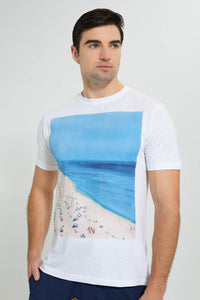 White Beach T-Shirt تيشيرت باللون الأبيض بطبعة شاطىء