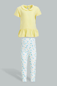 Yellow T-Shirt With White Floral Legging Set (2 Piece) طقم كاجوال بطبعة أزهار باللون الأصفر والأبيض (قطعتين)