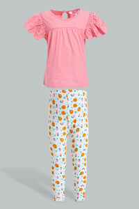 Pink Frill T-Shirt With White Orange Legging Set (2 Piece) طقم كاجوال بطبعة برتقال باللون الوردي والأبيض (قطعتين)