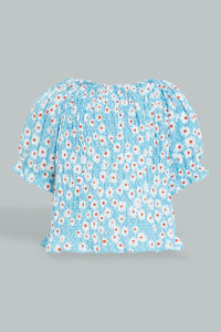 Blue Crinkled Blouse For Baby Girls بلوزة مجعدة باللون الأزرق للبنات الرضع