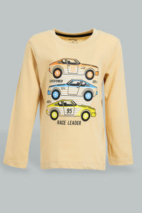 Beige Car Print T-Shirt تيشيرت بطبعة سيارات باللون البيج