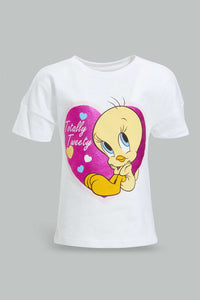 White Tweety T-Shirt For Baby Girls تيشيرت باللون الوردي بطبعة تويتي للبنات الرضع