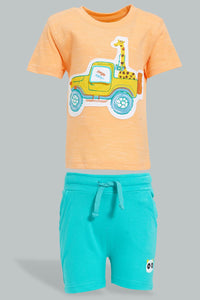 Peach Truck T-Shirt With Blue Short Set For Baby Boy (2-Pack) طقم كاجول باللون المشمشي مع شورت أزرق فاتح للاطفال(قطعتين)