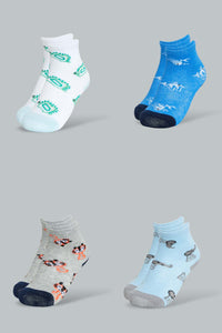 Assorted Animal Print Ankle Socks For Baby Boys (Pack of 4) طقم جوارب بطبعة حيوانات طول الكاحل بألوان مختلفة للأطفال ( 4أزواج)