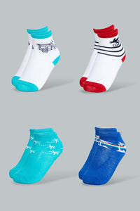 Assorted Car Print Ankle Socks For Baby Boys (4-Pack) طقم جوارب بطبعة سيارة طول الكاحل بألوان مختلفة للأطفال ( 4أزواج)