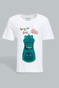 White Dinosaur T-Shirt For Baby Boys تيشيرت ديناصور باللون الأبيض للأولاد الرضع