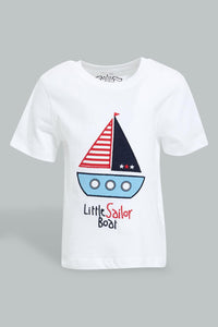 White Boat Embroidered T-Shirt For Baby Boys تيشيرت قارب مخيط باللون الأبيض للأولاد الرضع