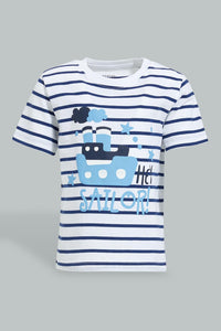 Blue And White Stripe T-Shirt For Baby Boys تيشيرت مخطط باللون الأزرق والأبيض للأولاد الرضع