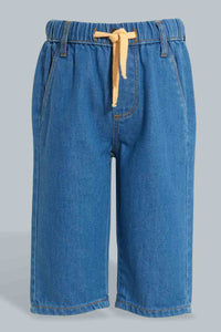 Blue Embroidered Pull-On Jeans For Baby Boys جينز بخصر مطاطي كحلي مطرز للأولاد الرضَع
