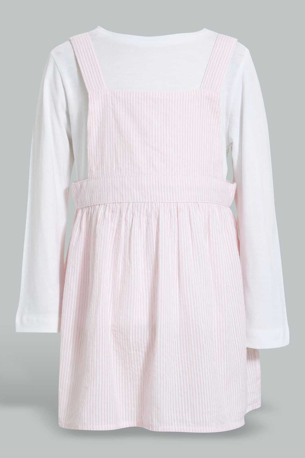 Pink Stripe Dress With White T-Shirt For Baby Girls (2 Piece) فستان مخطط باللون الوردي مع تيشيرت بيضاء للبنات الرضع
