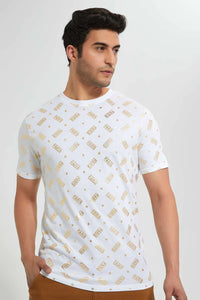White T-Shirt With Printed Golden Foil تيشيرت باللون الأبيض مطبوع