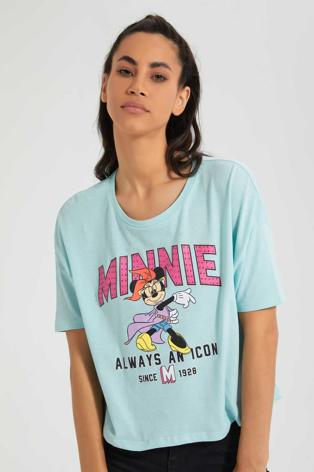 Teal Minnie Mouse Crop T-Shirt تيشيرت قصير باللون الأزرق فاتح بطبعة ميني ماوس