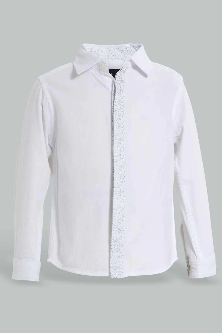 White Long Sleeve Casual Shirt For Baby Boys قميص كاجول باللون الأبيض للأولاد الرضع