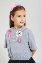 Load image into Gallery viewer, Grey Mélange Top With Studs and Placement Print بلوزة باللون الرمادي بطبعة
