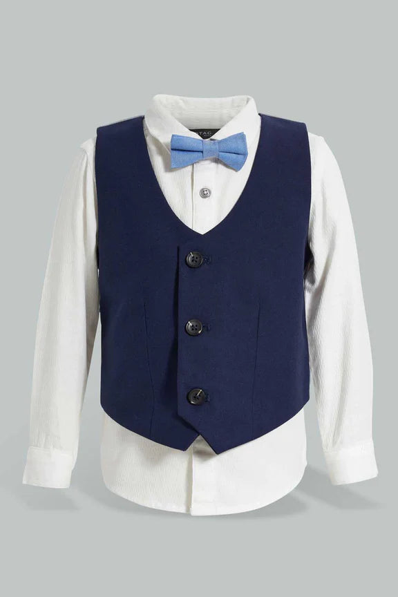 Navy Vest And White Shirt Set For Baby Boys (3 Piece) طقم قميص أبيض وفست كحلي مع ربطة عنق باللون الأزرق (3 قطع)