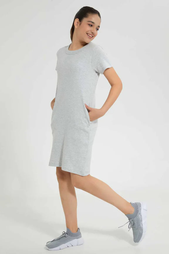 Grey Melange Basic Knitted Dress فستان باللون الرمادي بجيوب