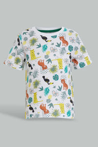 Beige And White Printed T-Shirt For Baby Boys (Pack of 2) تيشيرت مطبوع باللون البيج والأبيض للأولاد الرضع (قطعتين)