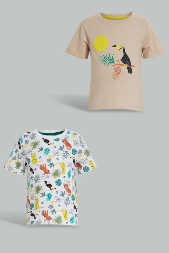 Beige And White Printed T-Shirt For Baby Boys (Pack of 2) تيشيرت مطبوع باللون البيج والأبيض للأولاد الرضع (قطعتين)