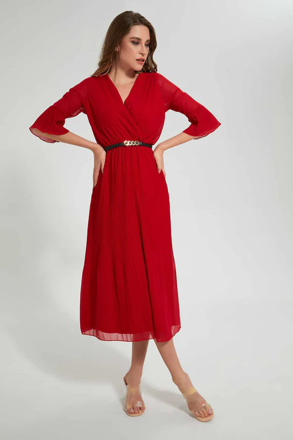 Red Wrapped Pelisse Dress فستان بيليسيه ملفوف باللون الأحمر