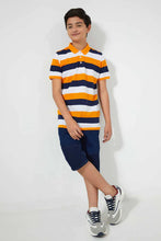 Load image into Gallery viewer, Navy And Orange Striped Polo Shirt قميص بولو مخطط باللون الكحلي والبرتقالي
