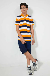Navy And Orange Striped Polo Shirt قميص بولو مخطط باللون الكحلي والبرتقالي