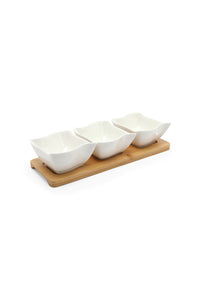 White Square Bowl With Bamboo Tray (3 Piece)