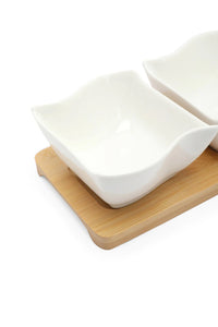 White Square Bowl With Bamboo Tray (3 Piece)