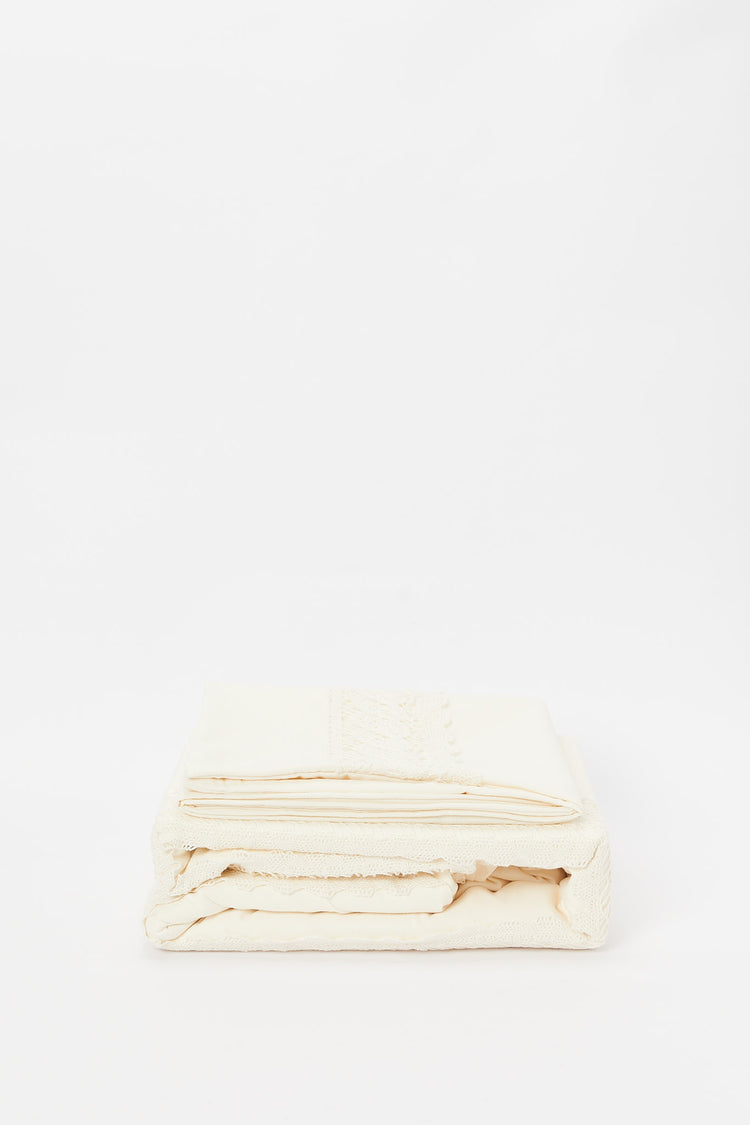 طقم غطاء لحاف مكون من قطعتين عاجي مع دانتيل (مقاس مفرد)
