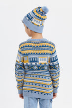 Load image into Gallery viewer, طقم بلوفر بقبعة مطبوع باللون الأزرق للأولاد الصغار (قطعتين)
